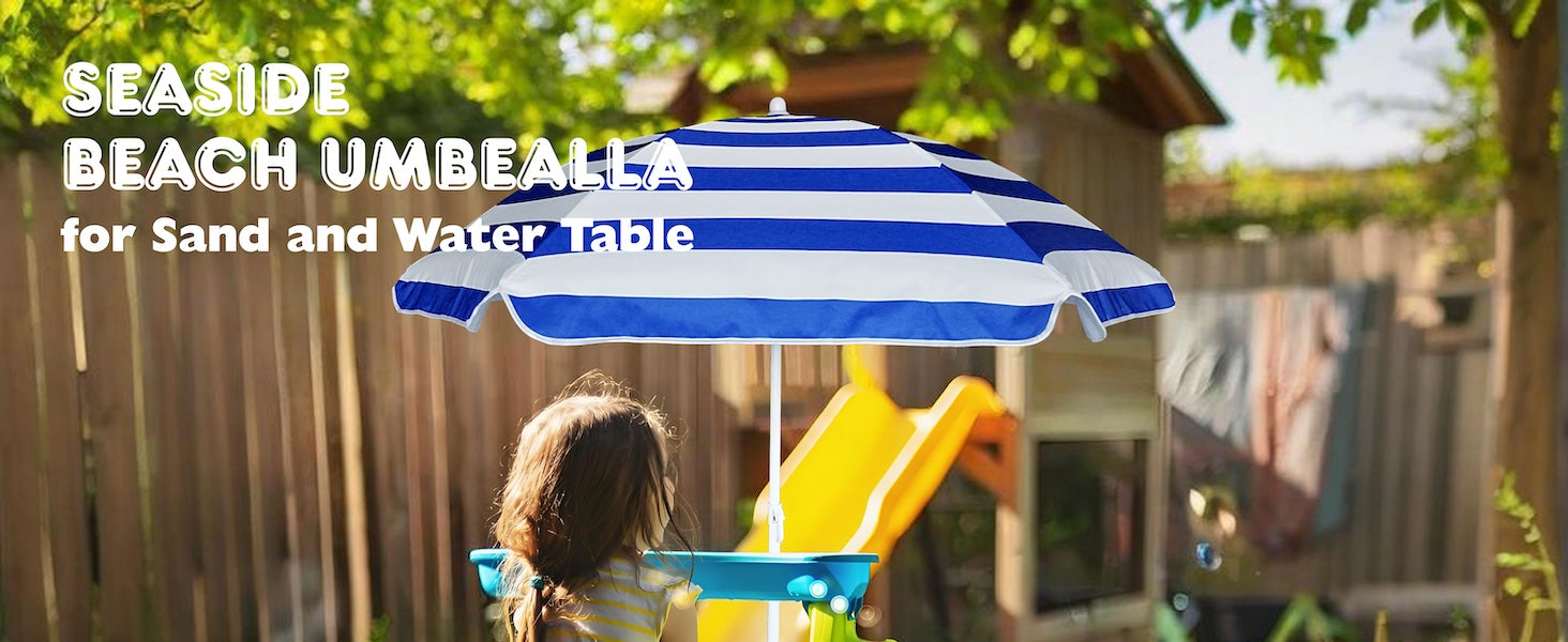 A girl playing under an AMMSUN 5ft blue white kids outdoor umbrella on picnic table
