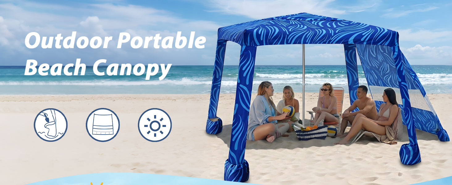 5 people sitting under an AMMUN 8'x8' sea flow portable beach canopy tent camping cabana with sunwall on beach