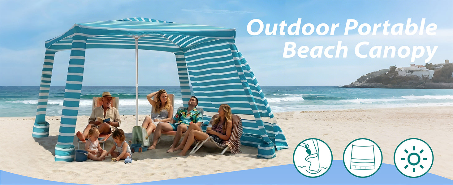 5 people relaxing under an AMMSUN green stipe 8'x8' outdoor portable beach canopy cabana beach tent with side wall