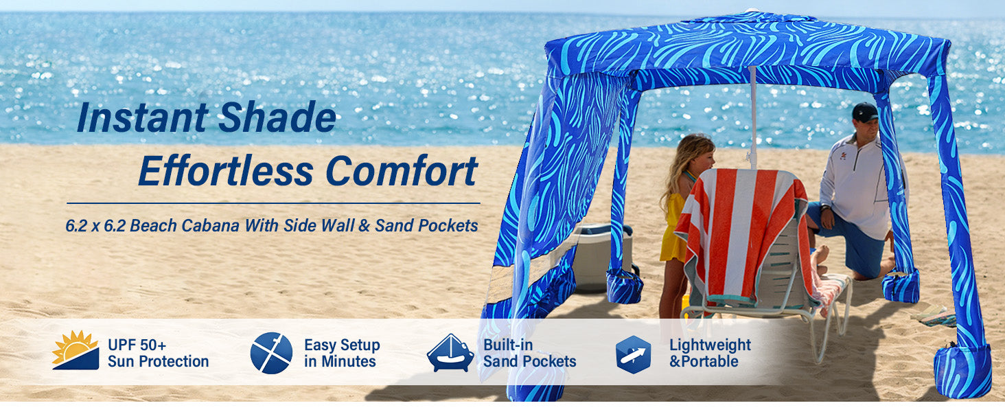 A family relaxing under an AMMSUN 6.2'x6.2' Sea Flow easy setup beach tent with privacy wall for beach cabana