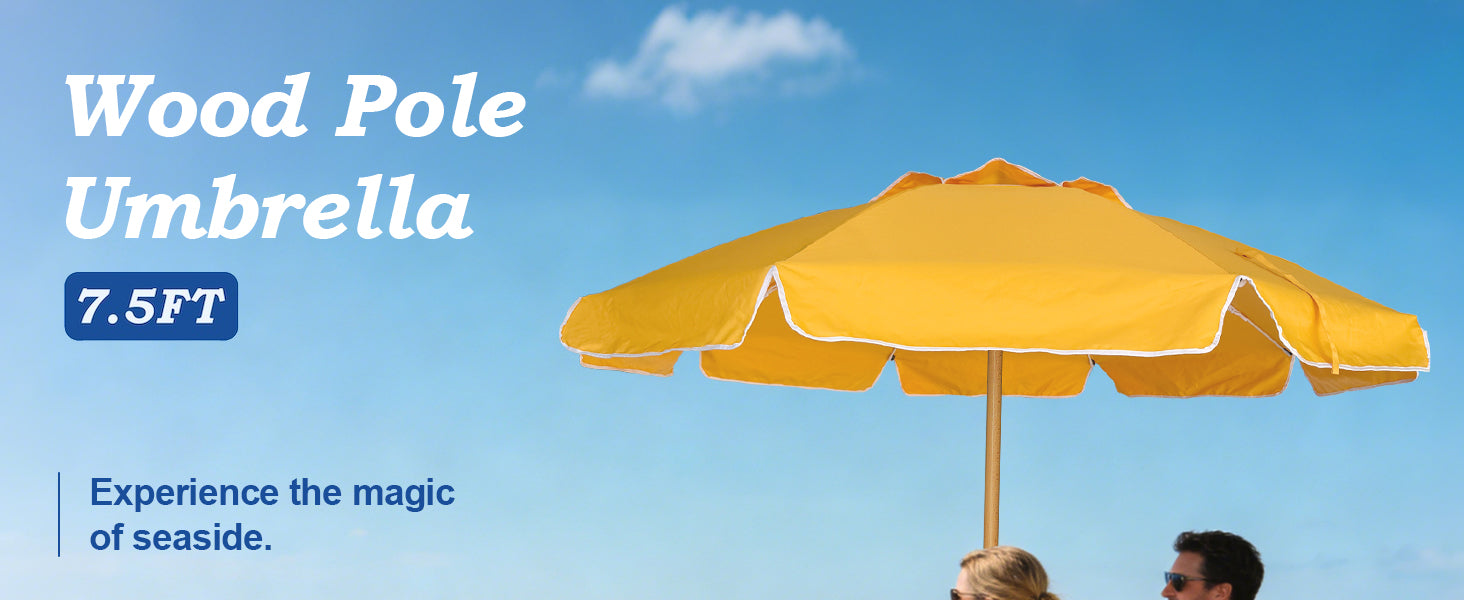 An AMMSUN yellow 7.5ft wind resistant beach umbrella with wood pole on beach