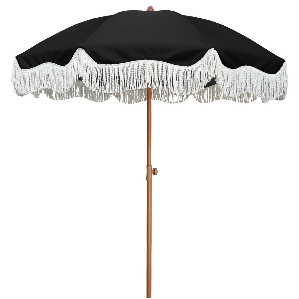 AMMSUN boho fringe umbrella outdoor patio, 6.5ft UPF50+ picnic umbrella with tassels with steel pole and push bButton tilt, noble black