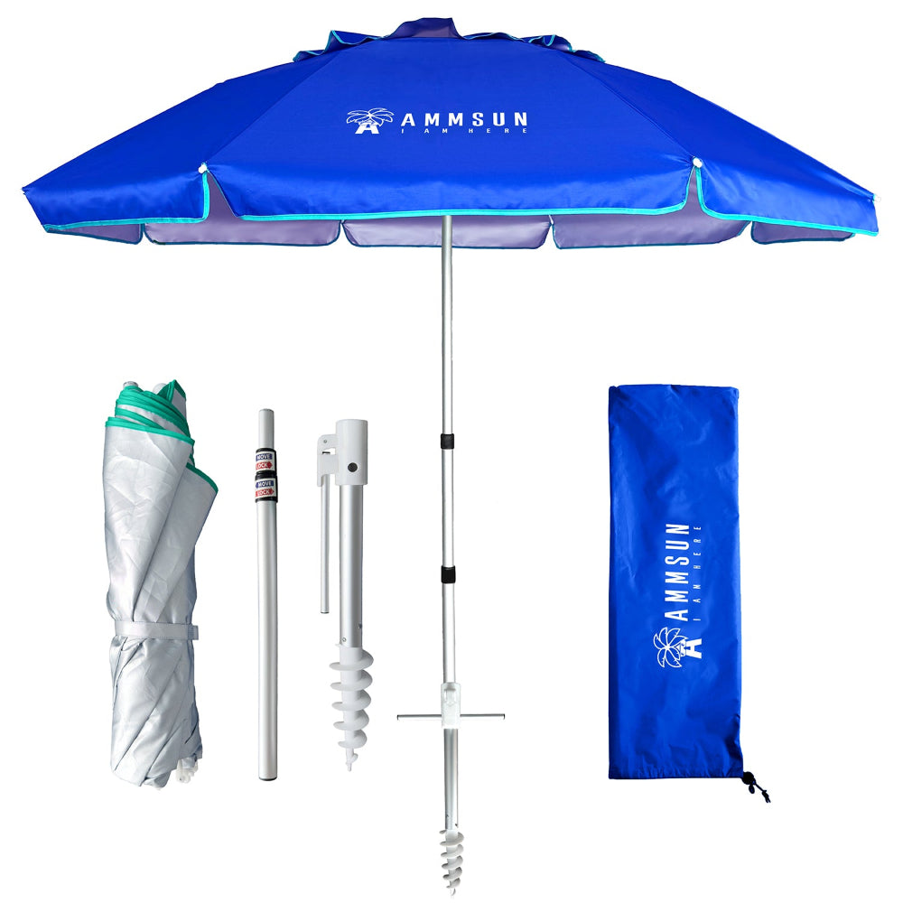 AMMSUN 6.5ft Portable Folding Beach Umbrella – Telescopic Pole, Windproof, Built-in Sand Anchor, Push-Button Tilt, Air Vent, UPF 50+ Sun Protection, Fits in Suitcase – for Patio, Garden, Pool, Beach, Backyard, blue