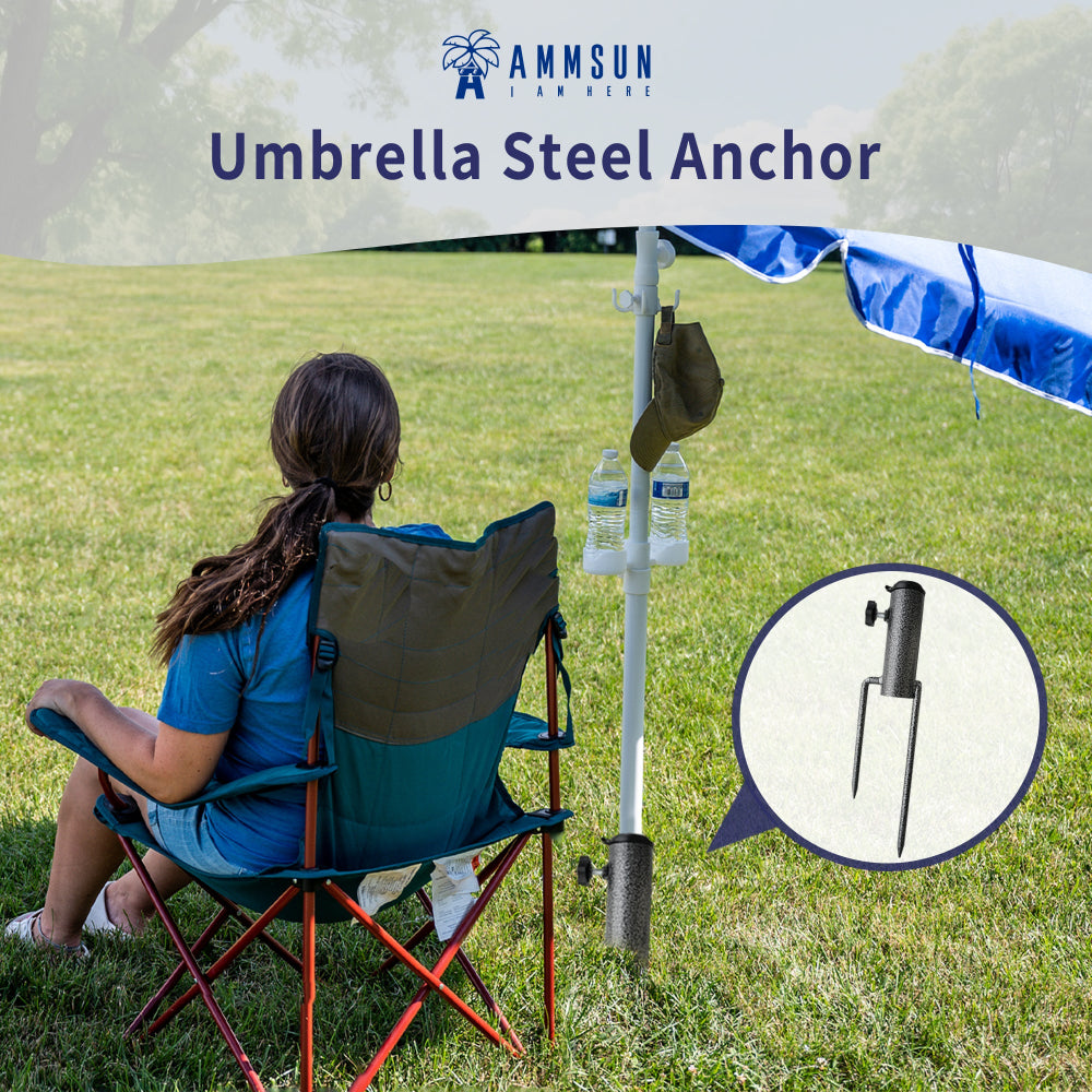 AMMSUN Patio Umbrella Steel Anchor Beach Umbrella Heavy Duty Metal Ground Grass Auger Holder Stands with Two Forks Ideal for Use in Soil Black