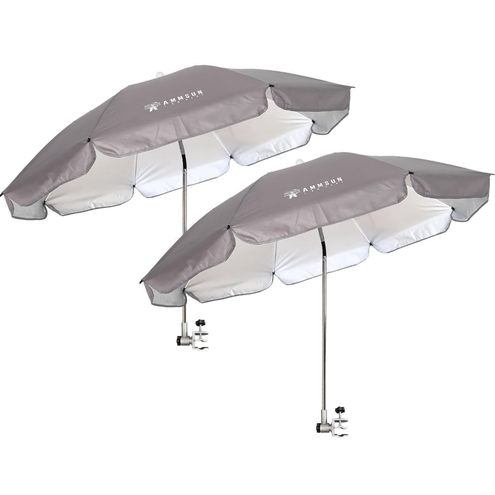 AMMSUN Chair Umbrella with Universal Clamp Adjustable 47 inches and 360° Swivel & UPF 50+ Protection Portable Sun Umbrella, Secure Clip on Camping/Beach Chairs, Stroller, Wheelchair, Golf cart, Lounger, Grey, 2 PACK