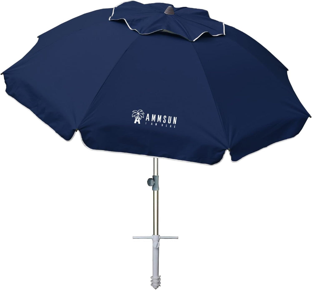 AMMSUN 7ft Solid Navy Beach Umbrella with Sand Anchor, Tilt, Windproof, Sun Protection,UPF 50+ for Outdoor Patio 