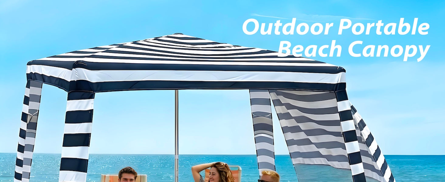 Famliy of 5 relaxing under an AMMSUN 8'x8' navy blue stripes easy up canopy for beach cabana with side wall