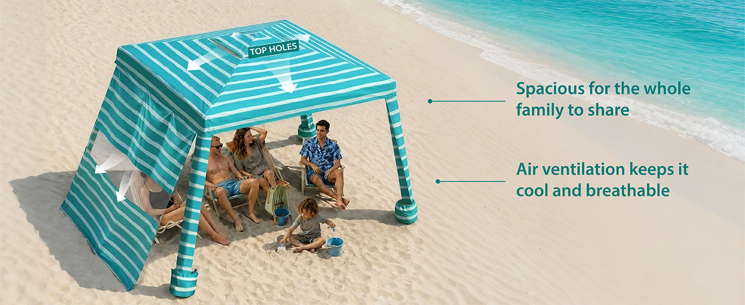 A family enjoying beachday with an AMMSUN 8'x8' easy setup beach tent portable cabana with side wall