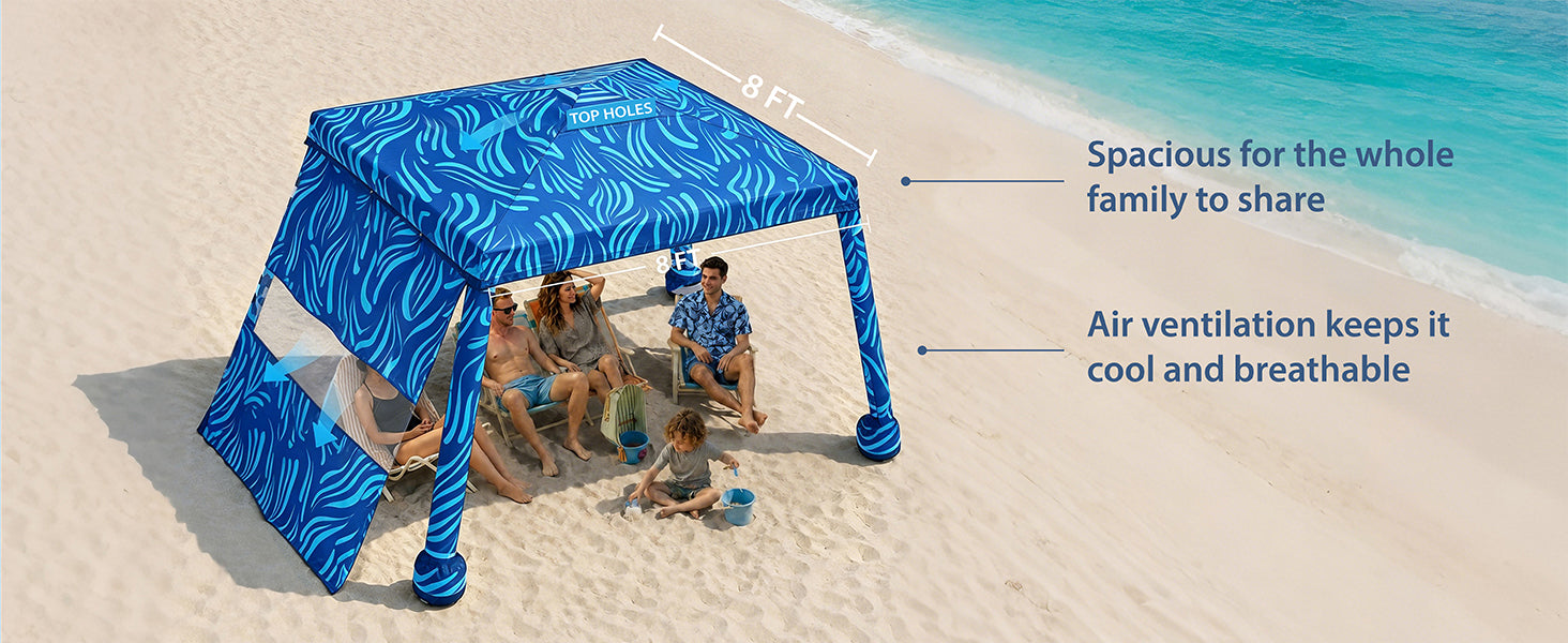 4 adults and 1 kid relaxing under an ammsun beach cabana 8x8 with side wall for privacy on sand