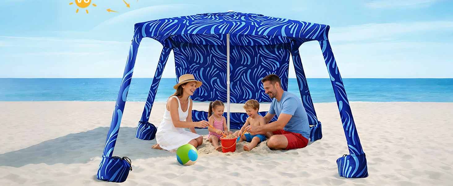 A family of 4 having beach time under an AMMSUN 8'x8' sea flow cabana beach tent with privacy sunwall