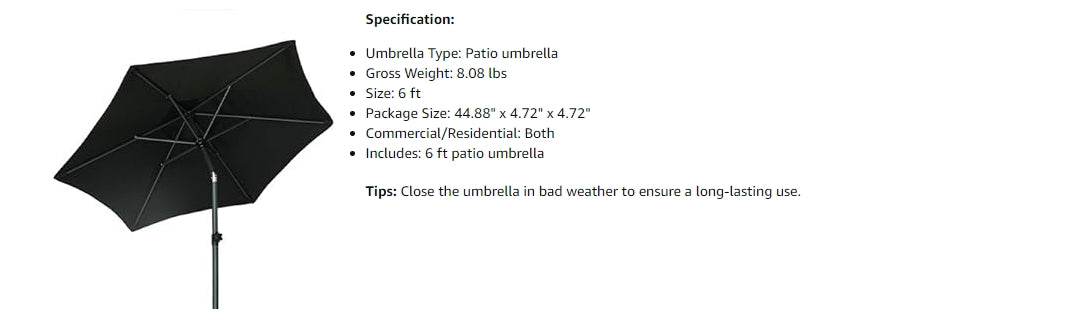 AMMSUN 6ft Patio Table Umbrella,Black