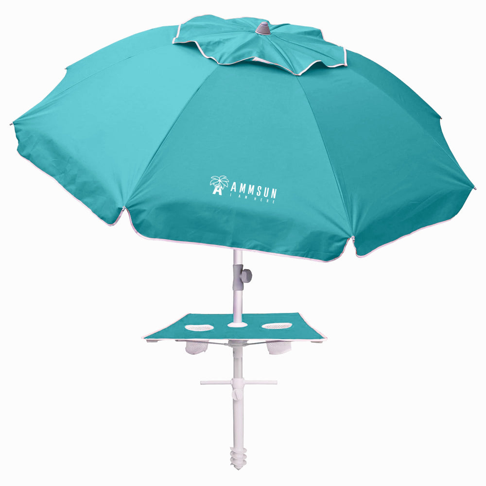 AMMSUN 7ft Beach Umbrella with sand anchor, Built-in Table, teal- AMMSUN Beach Umbrella
