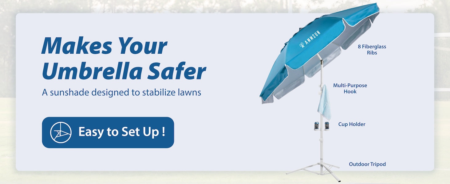 AMMSUN 6.5ft portable beach umbrella for sports with easy set up tripod base for safety