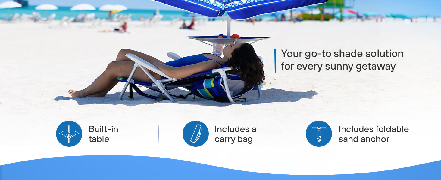 A woman relaxes under an umbrella on the beach beach umbrella for sand with table tray and sand anchor