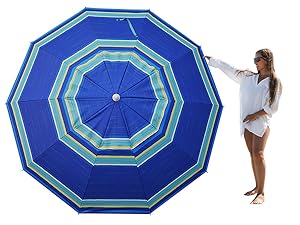 AMMSUN 8ft blue heavy wind beach umbrella with sand anchor made of silver coated Polyester fabric