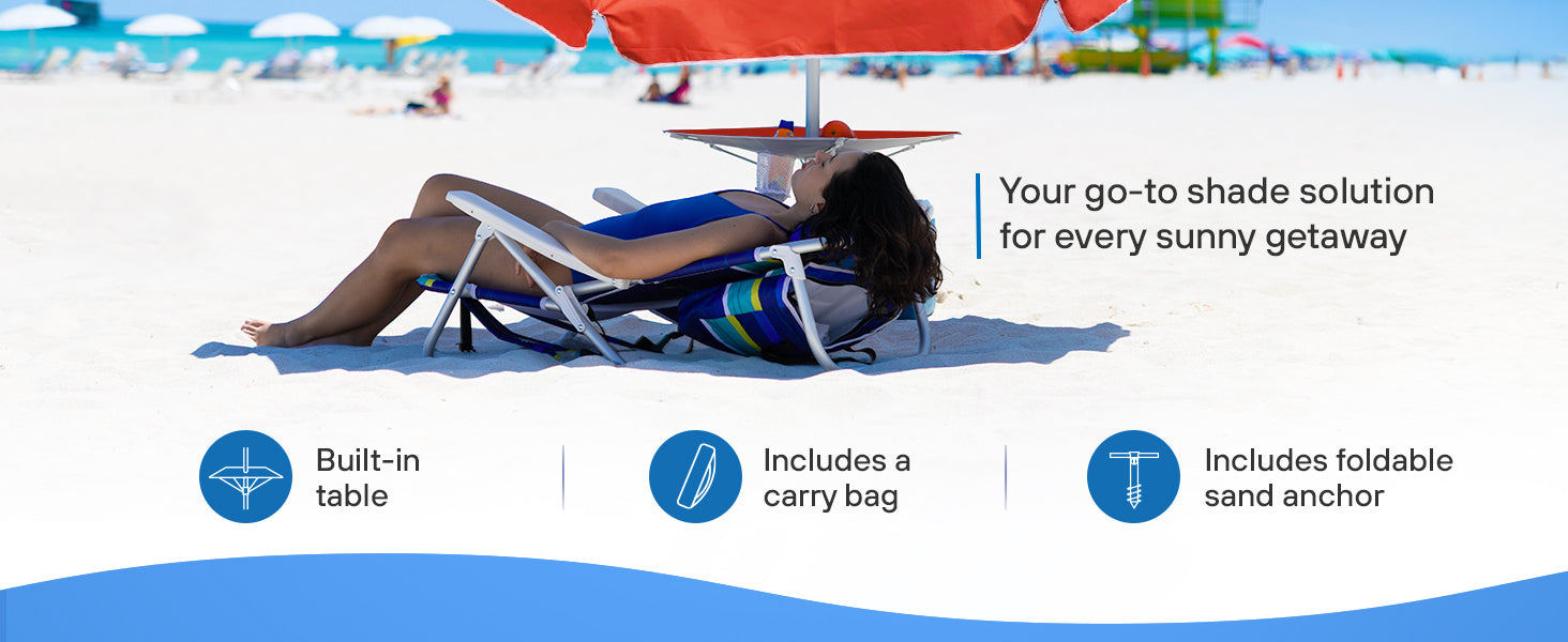 Two women enjoying the beach under an AMMSUN solid red 7ft portable beach umbrella with built-in table and sand anchor.