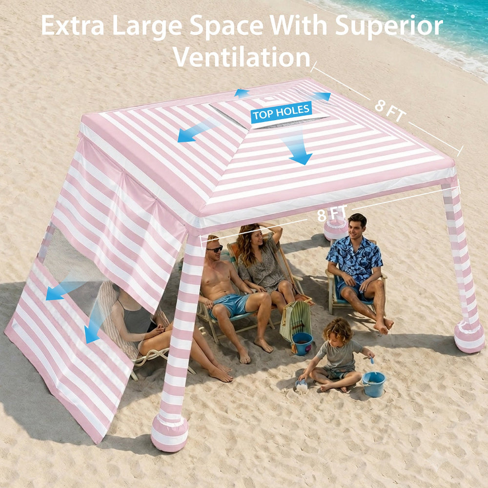 4 adults and 1 kid relaxing under an AMMSUN 8'x8' pink stripes beach canopy with sand bags and side wall cabana for beach