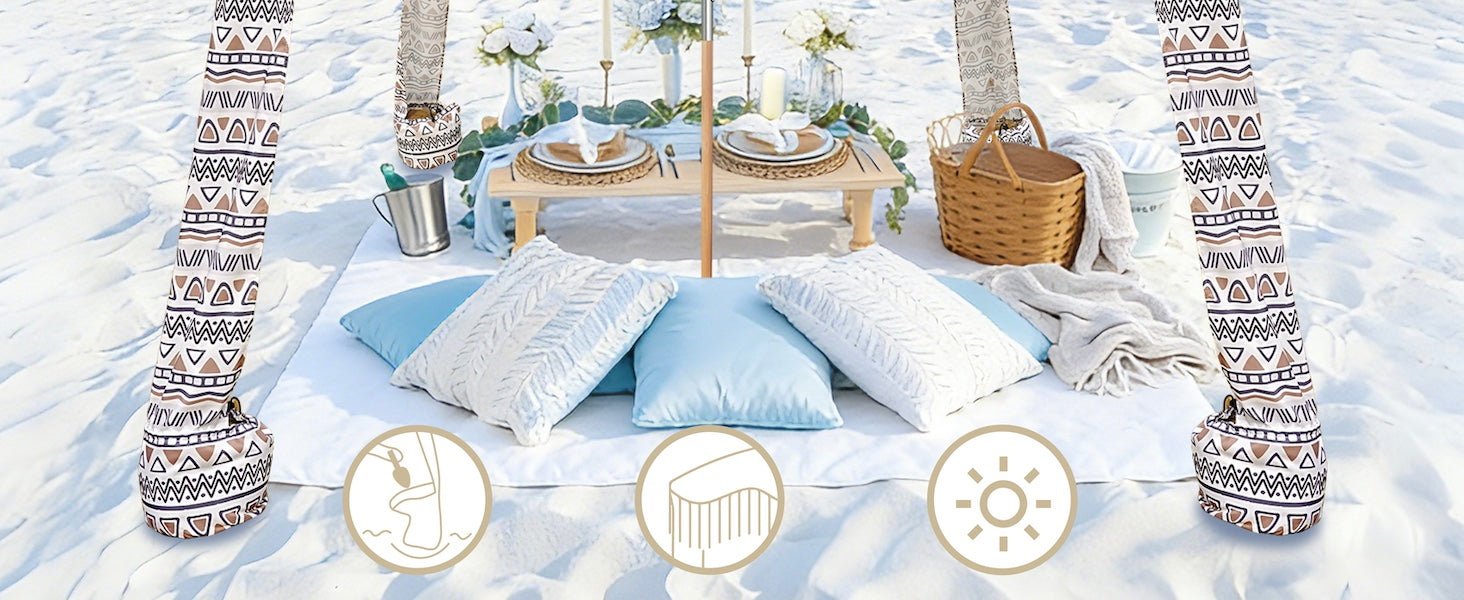 AMMSUN 7'x7' tan fringe umbrella with tassel boho beach cabana beach tent with premium wood pole