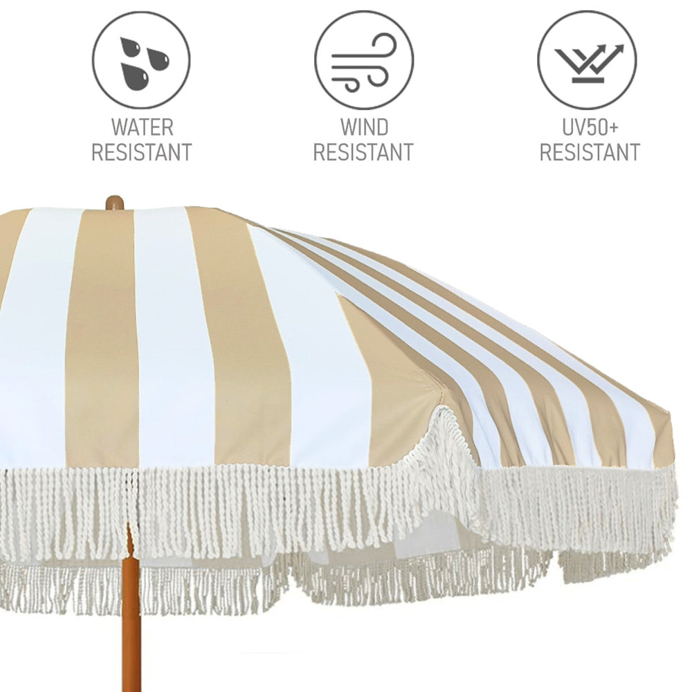 AMMSUN 7ft beige stripes fringe umbrella for outdoor umbrellas Uv 50+ is water and wind resistant