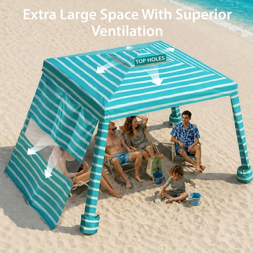 A family sitting under an AMMSUN Portable Beach Cabana, 8'×8' Beach Canopy, Easy Set up and Take Down, Cabana Tent with Sand Pockets