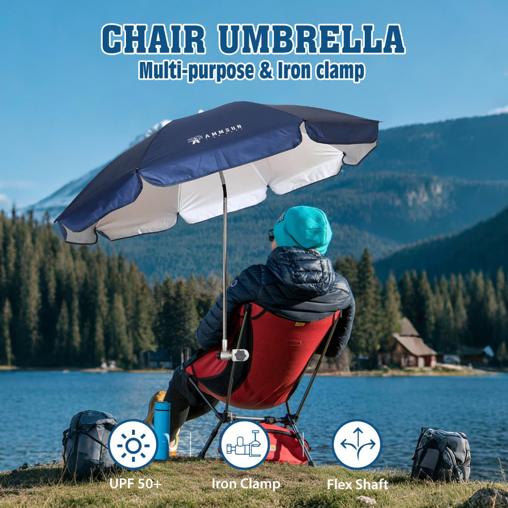 A man shaded by an AMMSUN 47 inches navy blue chair umbrella for sports games with clamp for outdoor umbrellas