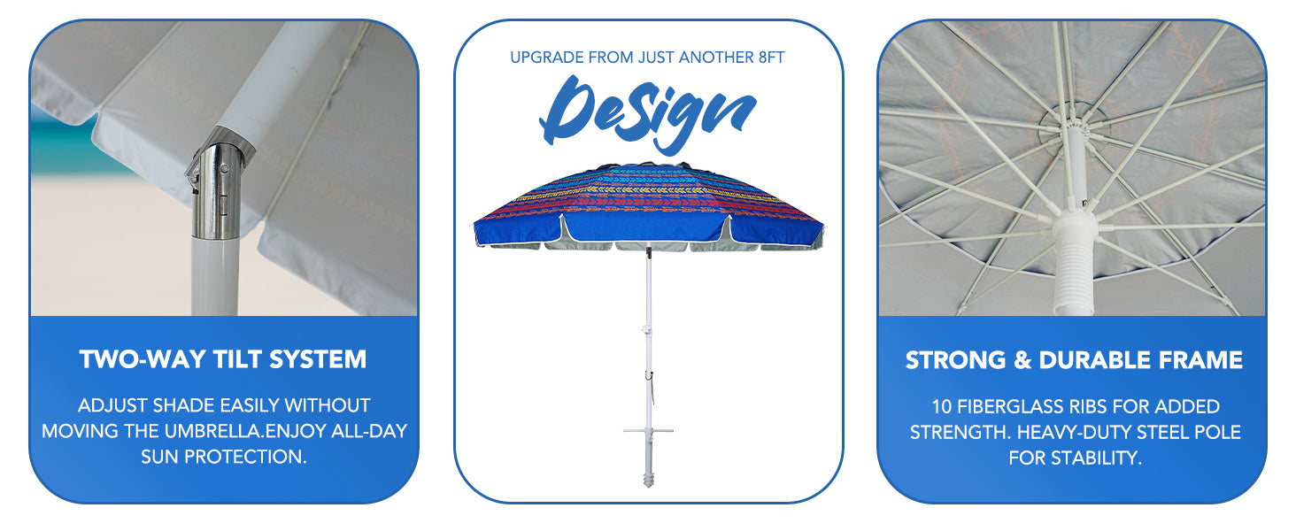 AMMSUN 8ft large high wind umbrella with beach umbrella sand anchorr has tilt and strong frame