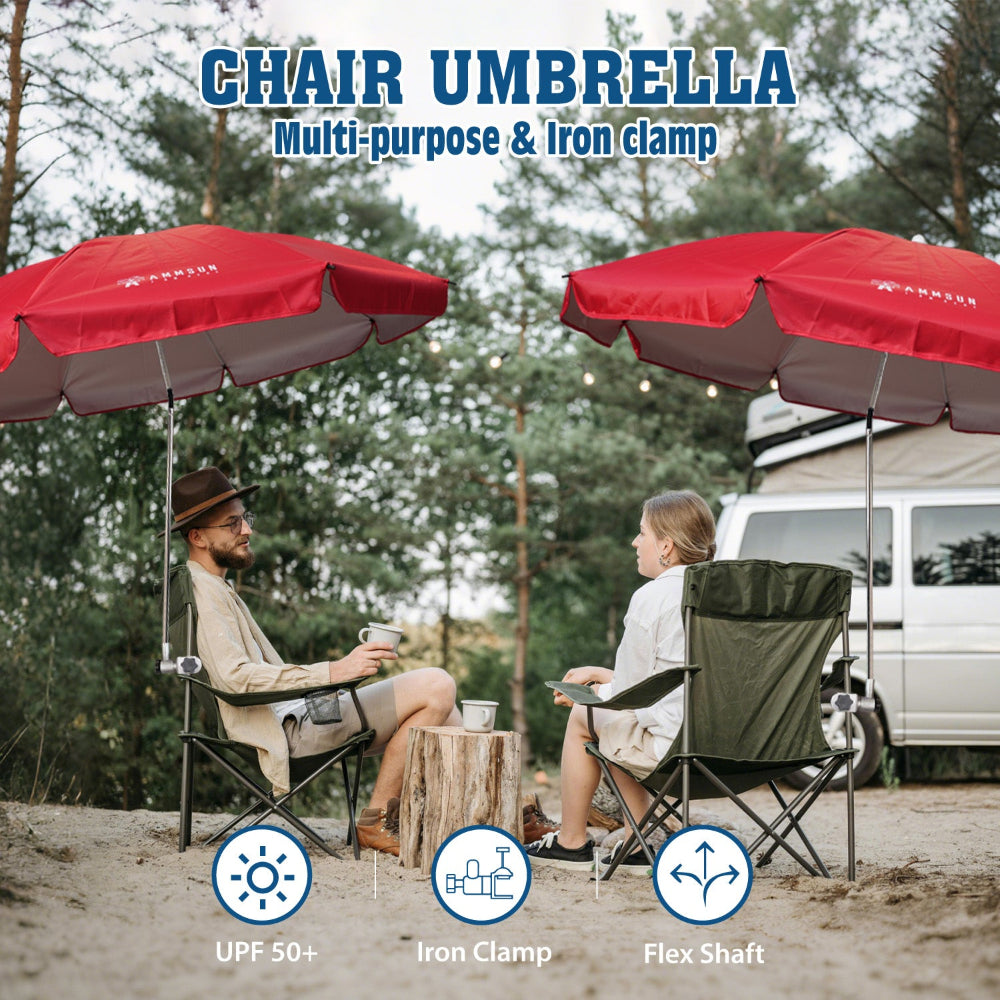 Two people sitting on chairs beneath two AMMSUN red large size clip on umbrellas for outdoor chairs with clamp, enjoying outdoor time.