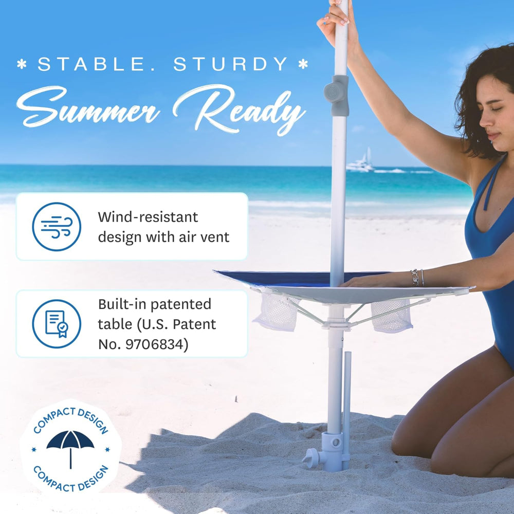 The built-in cup table for AMMSUN 7ft Blue Stripe beach umbrella with sand anchor with sand anchor is easy to use