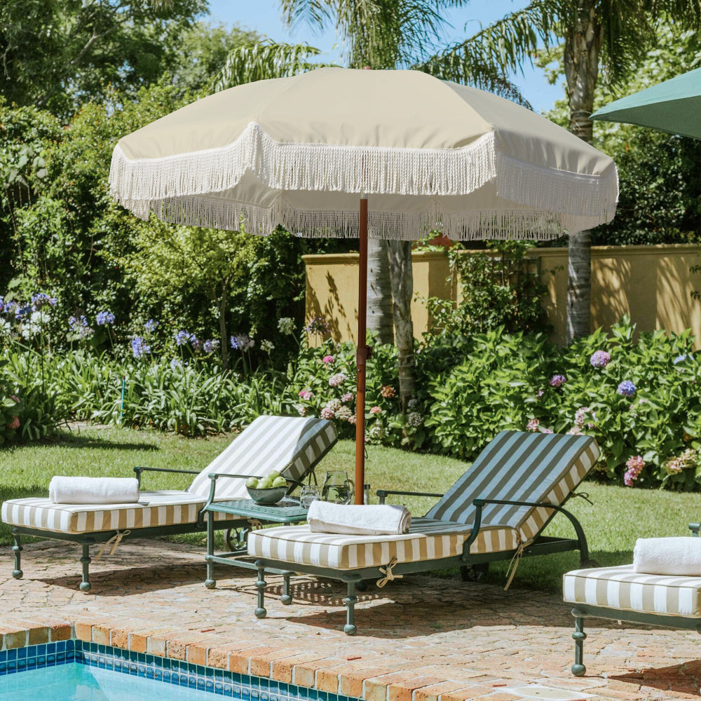 AMMSUN 7ft Patio Fringe Umbrella,Light Beige
