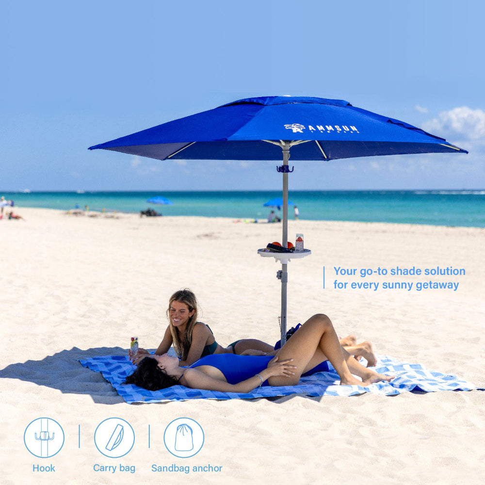 Two women lying under and AMMSUN 8ft blue commercial grade heavy duty blue umbrella with stand
