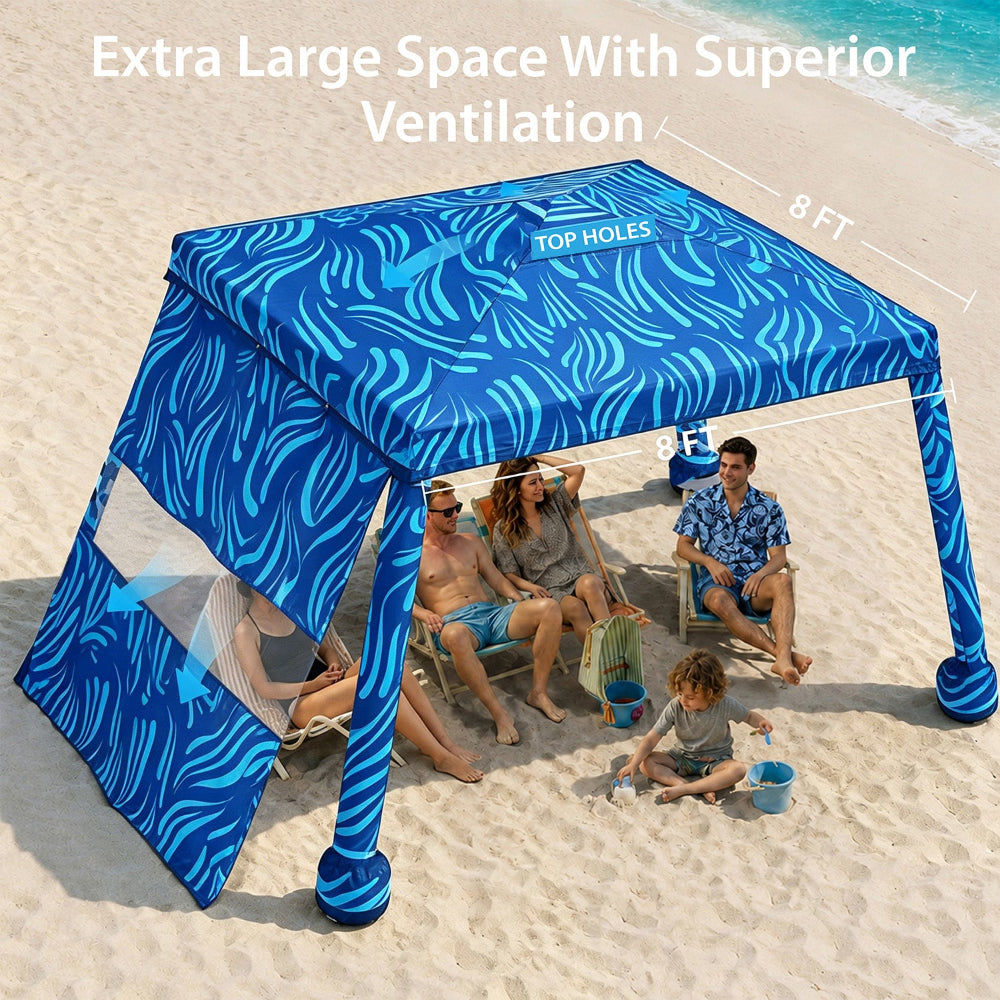 4 aldults and 1 kid having beach time under an AMMSUN 8'x8' sea flow easy up canopy beach cabana with privacy sunwall