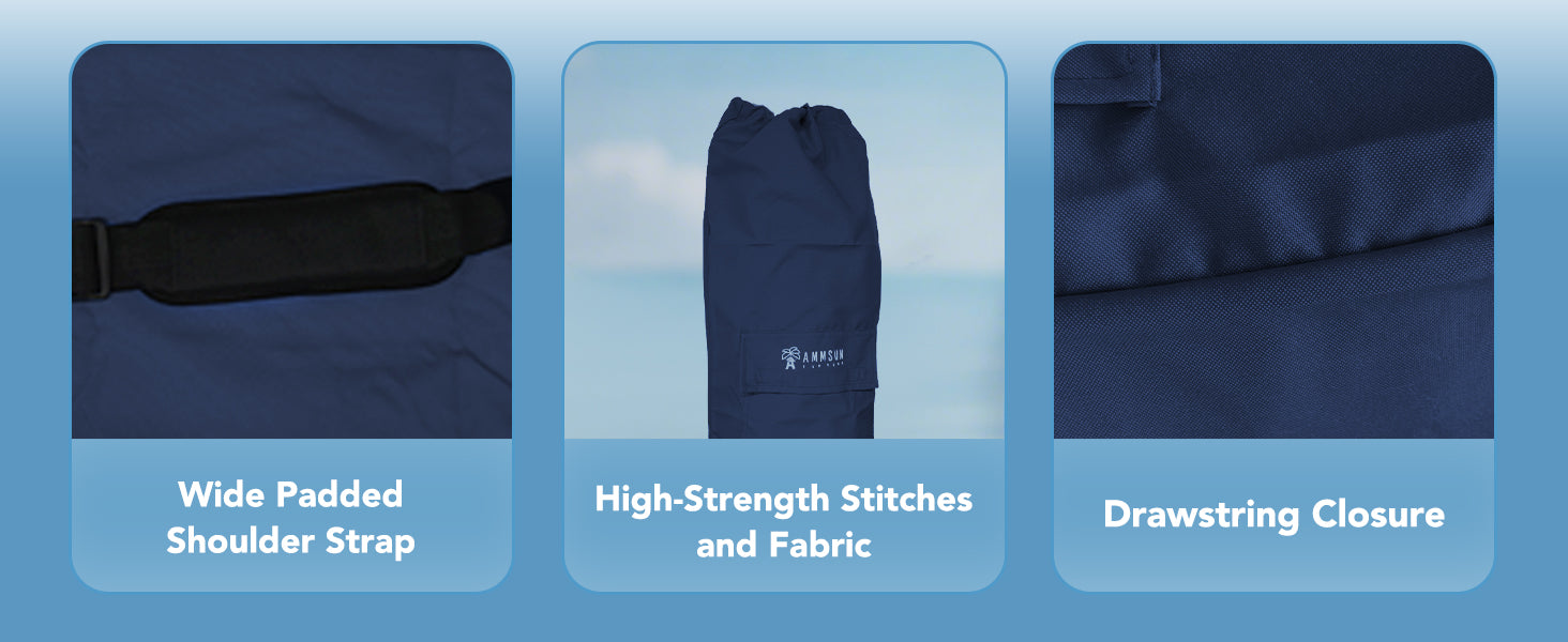 AMMSUN Navy blue travel beach golf bag umbrella has wide padded shoulder strap with high-strength stiches and drawstring closure
