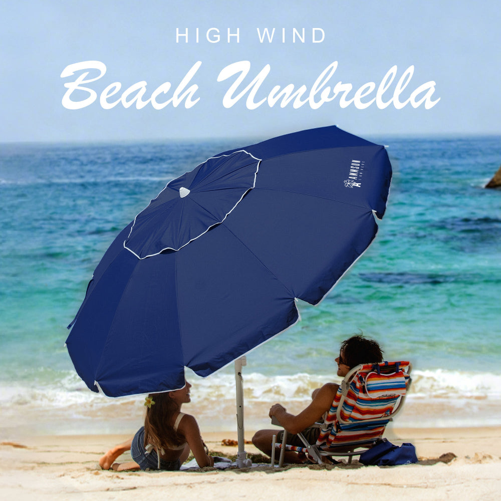 Two people relaxing under AMMSUN navy blue 8ft heavy duty umbrella with sand anchor for umbrella for beach