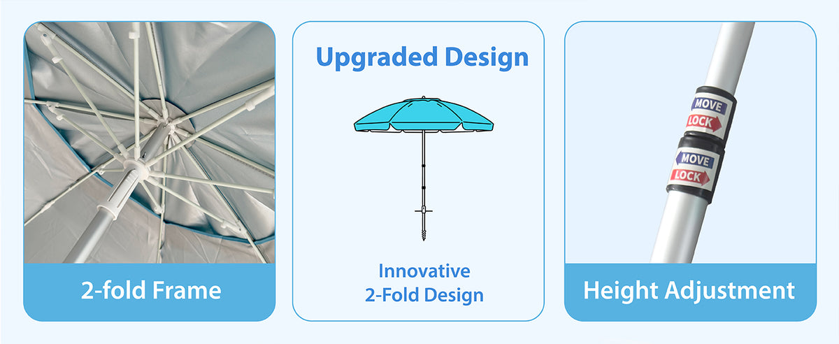 AMMSUN 6.5ft twice folded beach umbrella with sand anchor has height adjustment function