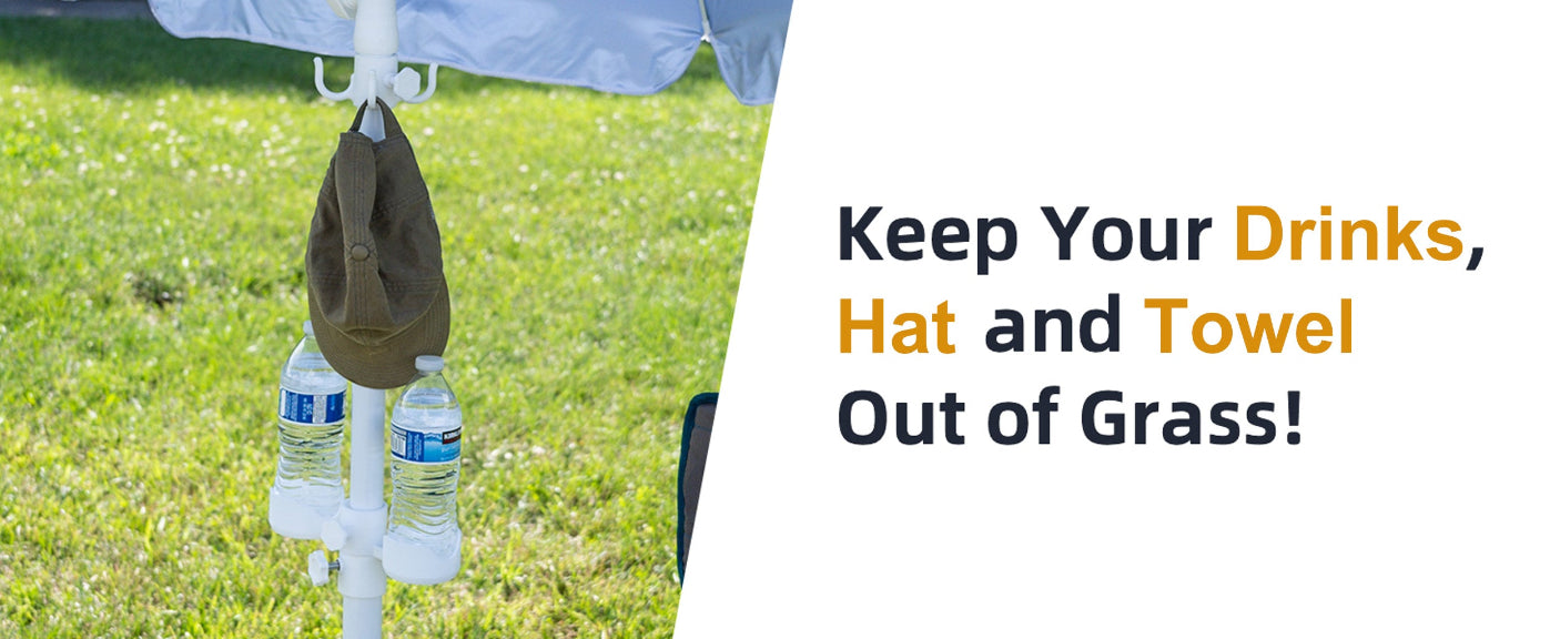 AMMSUN 6.5ft portable beach umbrella with stand for outdoor has drink holder for bottles, hat, and towel