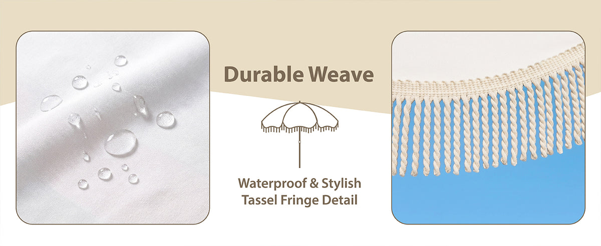 AMMSUN 6.5ft sun shade for oudoor umbrella with Wood-inspired Finish Steel Pole has waterproof & stylish tassel fringe