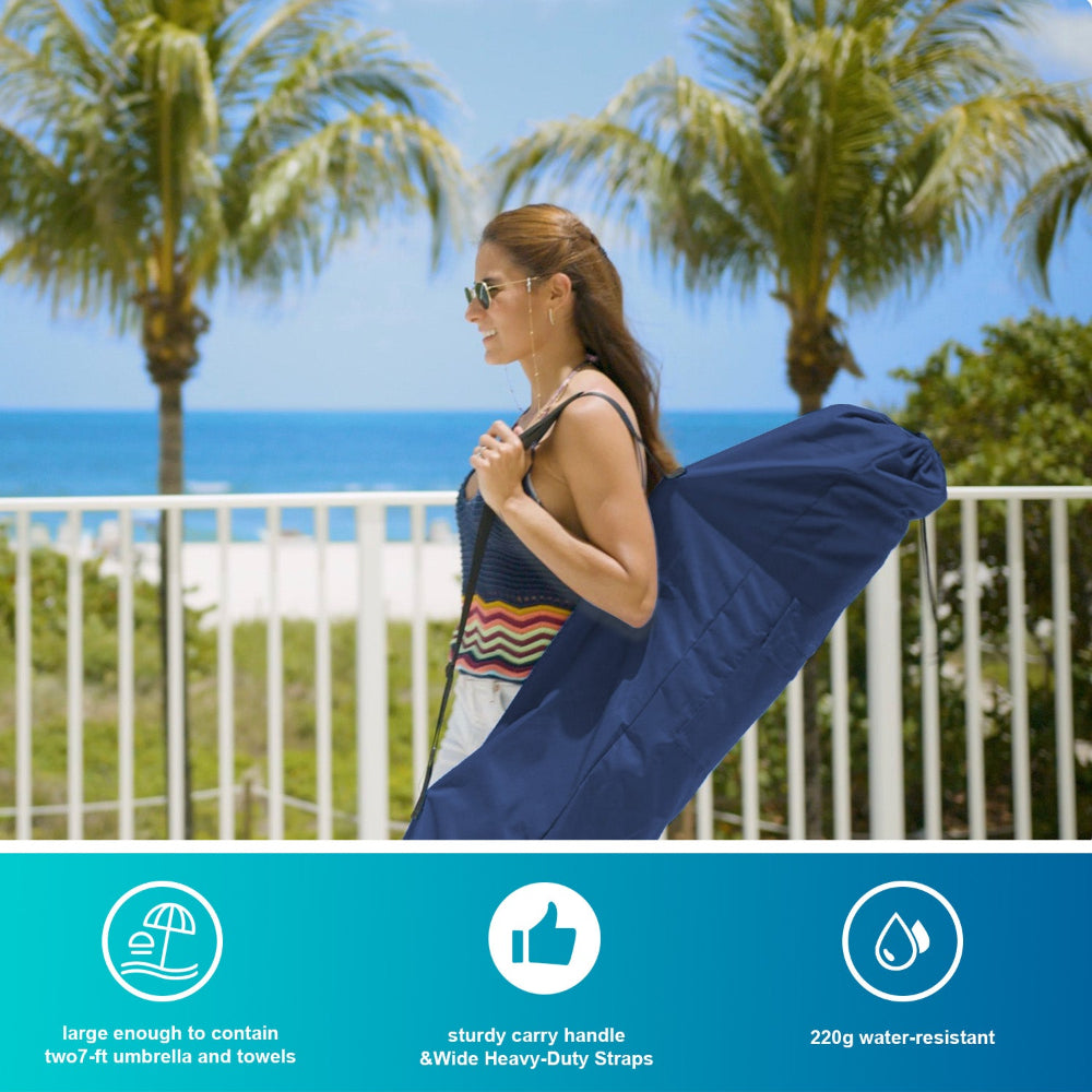 A woman is holding AMMSUN navy blue beach bag accessories for portable beach umbrella
