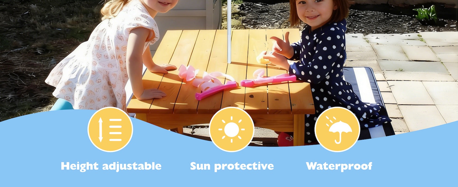Two girls playing under an AMMSUN 5ft yellow white kids water table umbrella on picnic table for outdoors