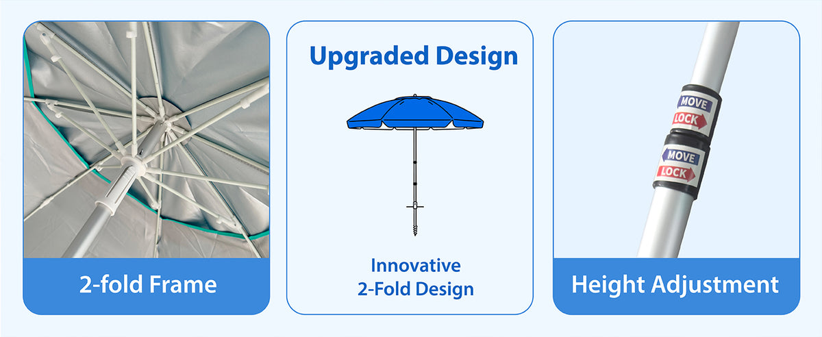 AMMSUN 6.5ft twice folded beach umbrella with sand anchor has height adjustment function
