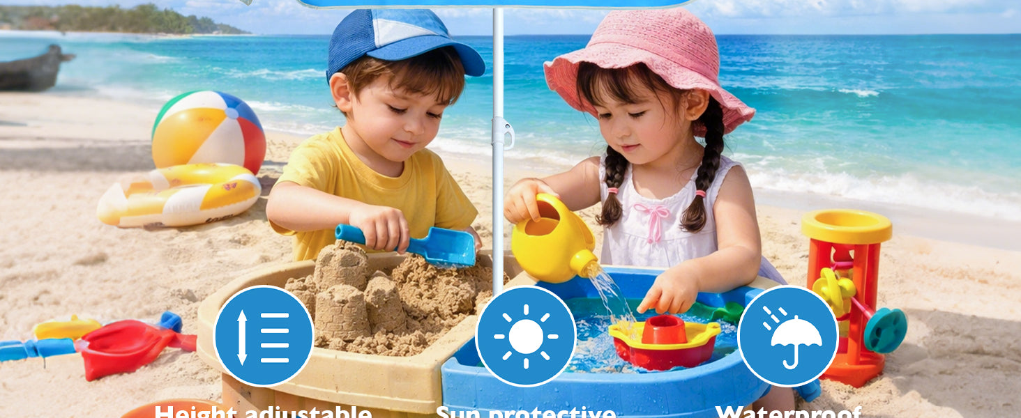 Two kids having fun under AMMSUN 5ft sky blue kids outdoor umbrella for picnic table on sand beach