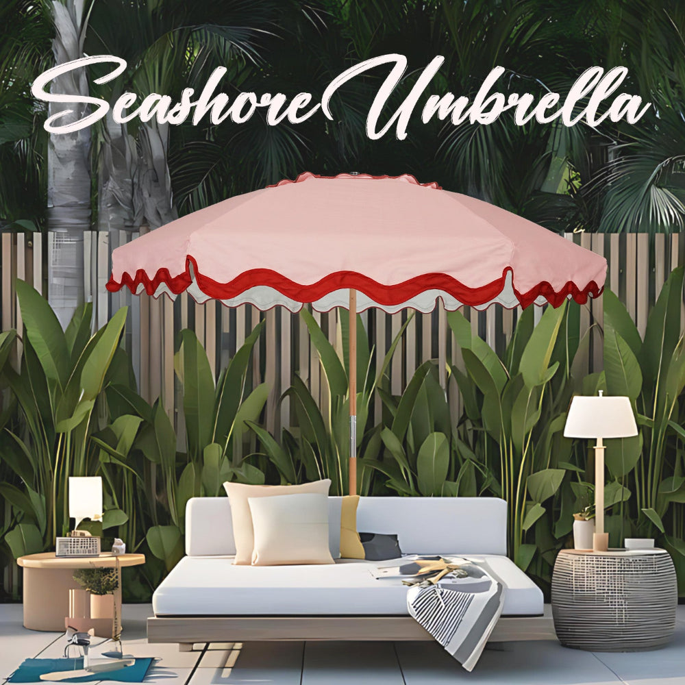 AMMSUN 7.8ft deep peach vintage  patio umbrella for plants outdoor with wooden pole stands beside a white chair and a white pillow