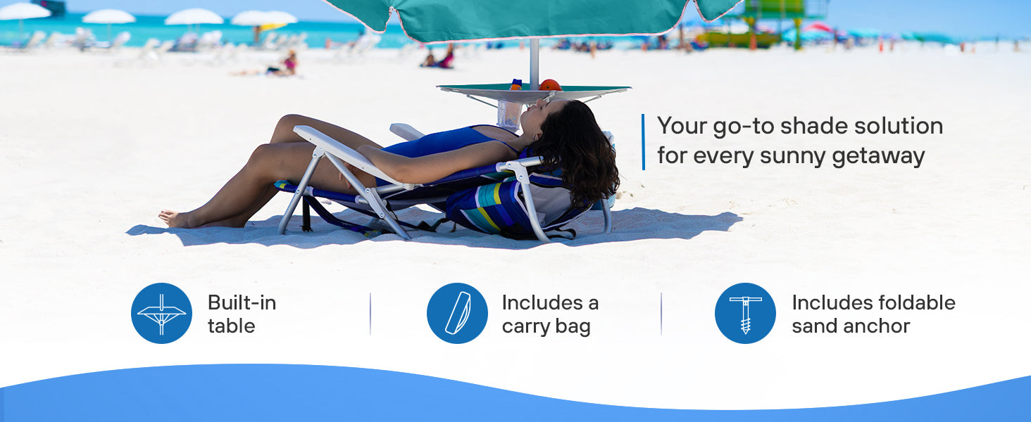 Seated on a beach chair under a teal AMMSUN 7ft umbrella, A woman is  enjoying the seaside atmosphere on a sunny day.  Floating table umbrella, Breeze life umbrella, Tommy bahama beach umbrella with sand anchor, Portable beach umbrella.