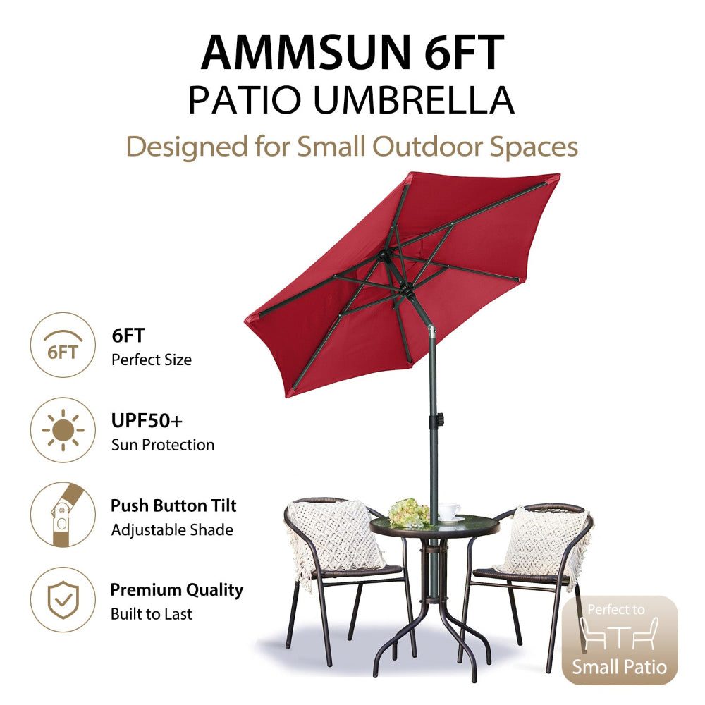 A table and a chair with AMMSUN 6ft red uv umbrellas for sun protection patio umbrellas on sale