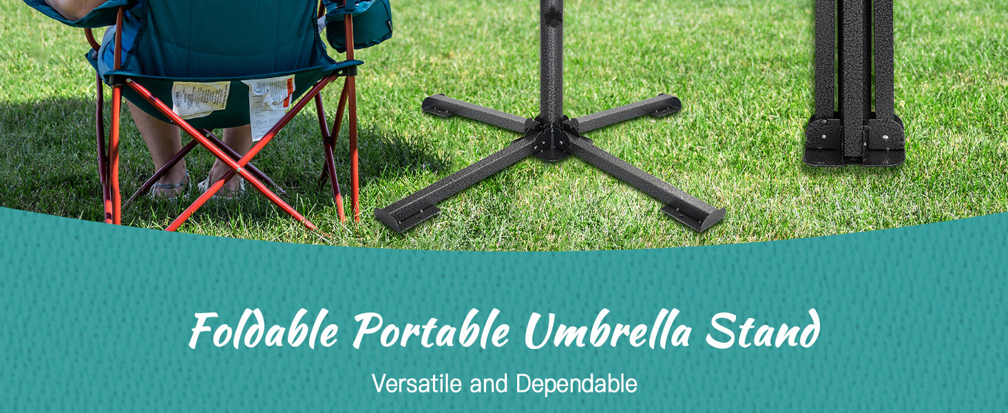 A woman sitting under a blue sports umbrella on grass with AMMSUN black patio umbrella base with additional water bag