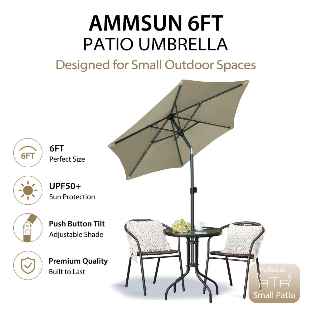 The AMMSUN 6ft khaki extra large patio umbrella for sun umbrella for chair, is tilted at a 30° angle