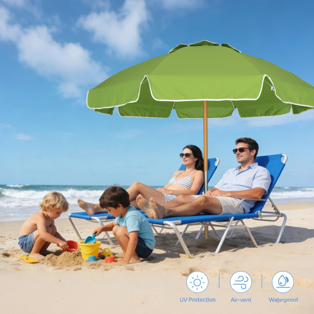 Family under an AMMSUN 7.5ft olive green heavy duty umbrella for sombrillas de playa for sand on beach