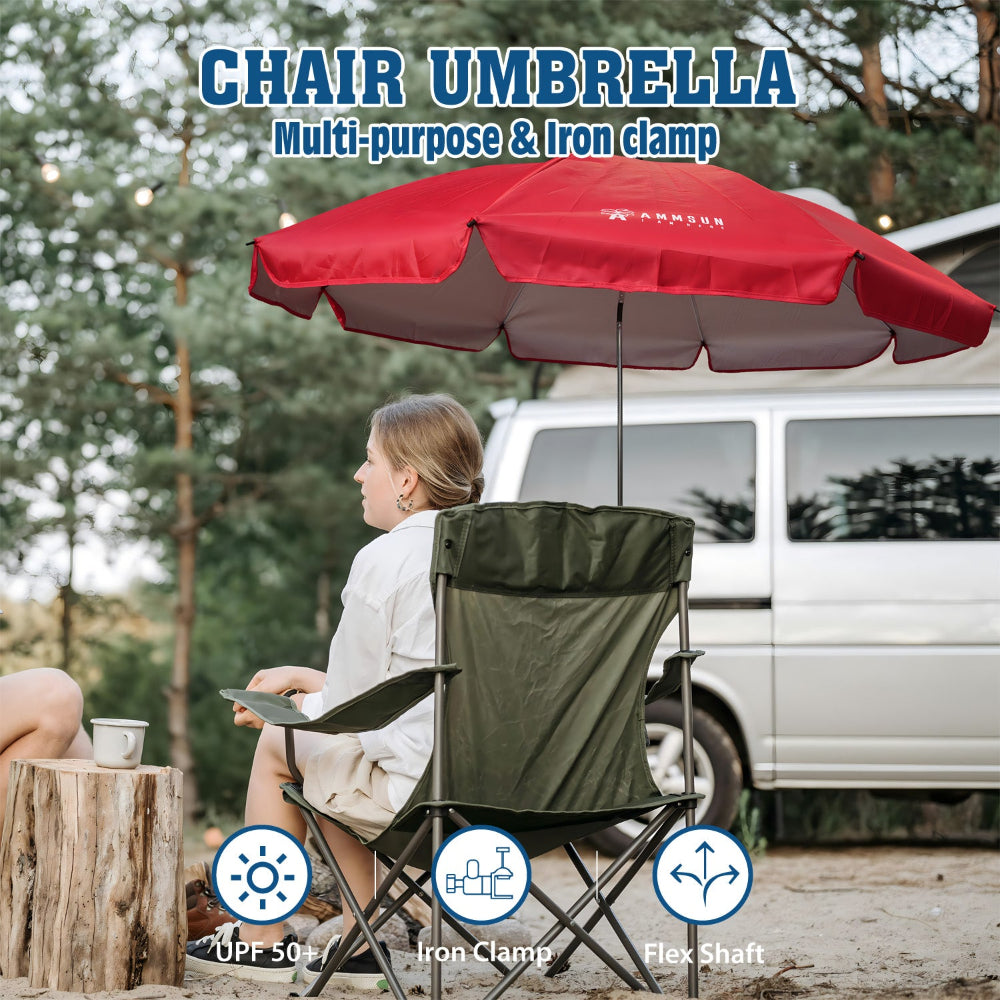 A woman shaded by an AMMSUN 47 inches umbrella for sports games with clamp, enjoying a sunny day outdoors.