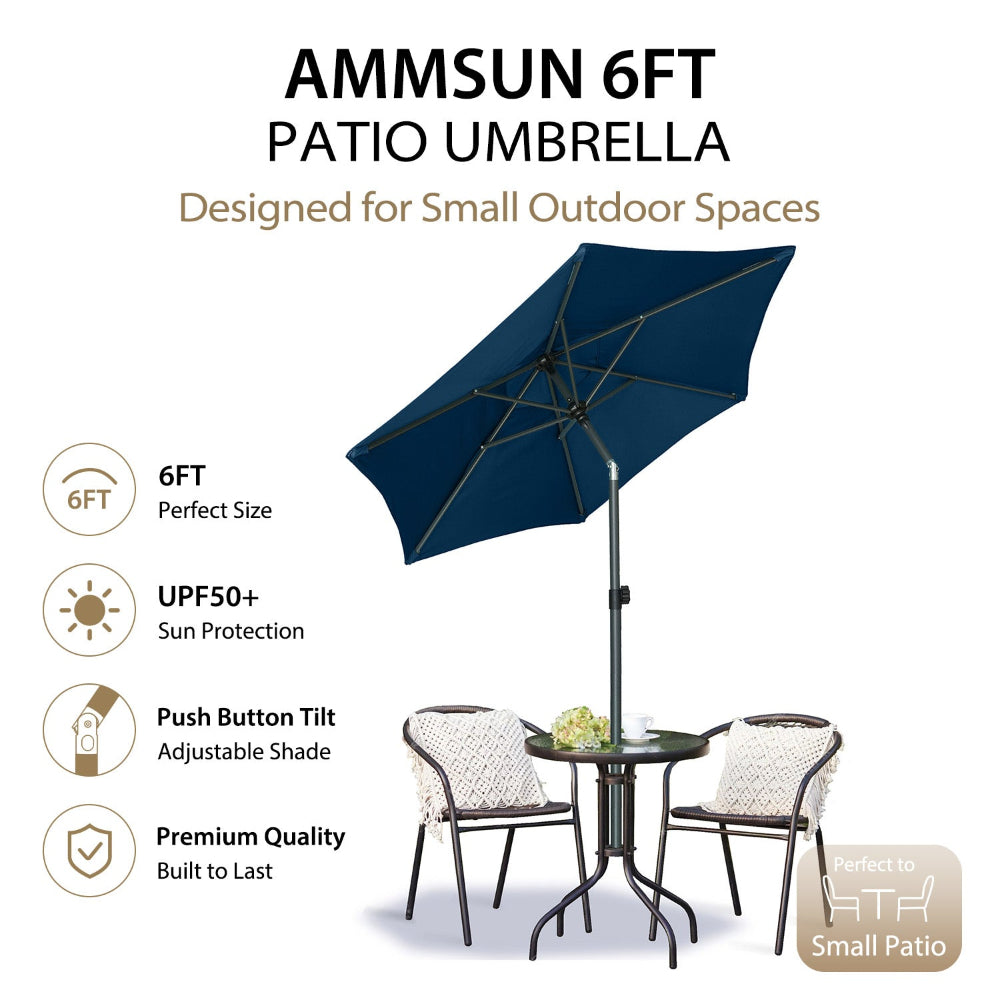 A well-furnished patio showcasing a table, multiple chairs, and AMMSUN 6ft dark blue pool umbrellas for patio table