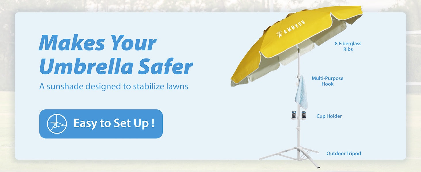 AMMSUN 6.5ft portable umbrella with stand has cup holders and hanging hook for drinks, hat and towel