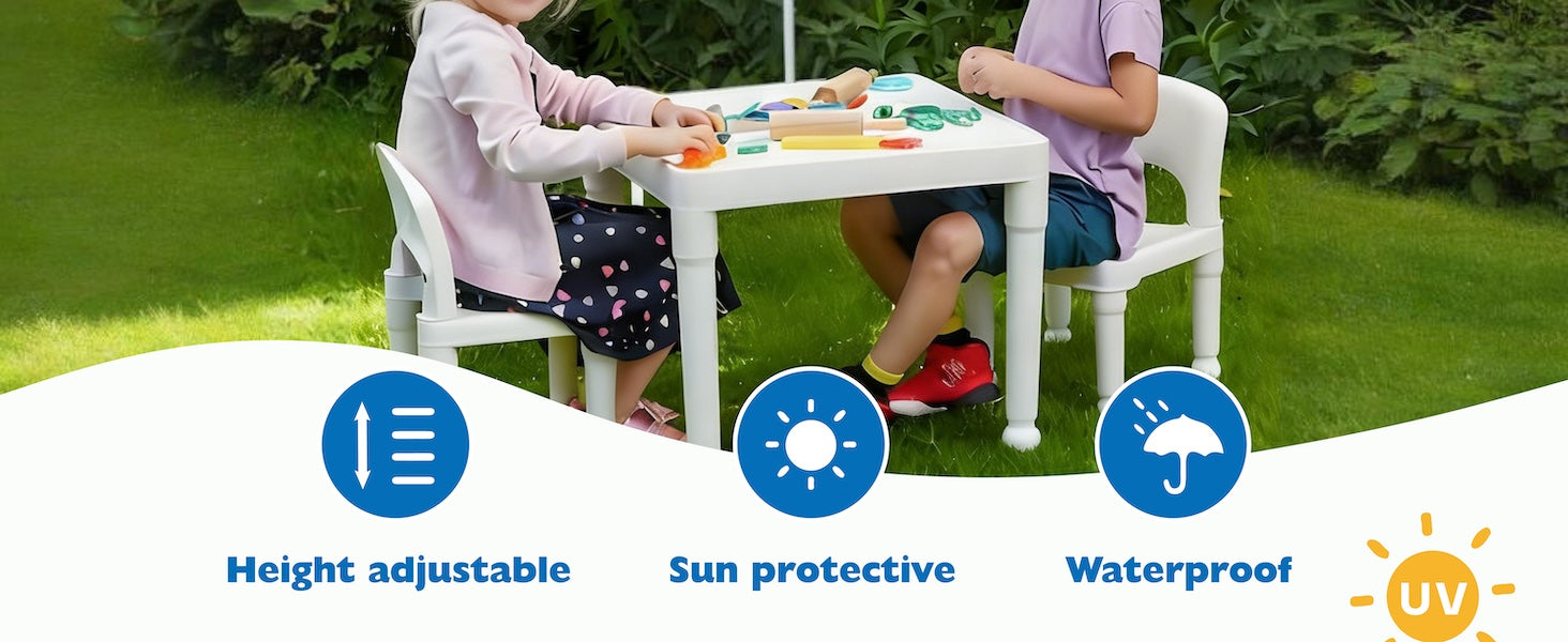 A boy and a girl playing under an AMMSUN 5ft navy blue kids outdoor umbrella on picnic table